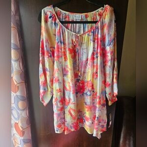 Kim Rogers Multicolor Floral Sheer Tunic - Pink Yellow Blue
